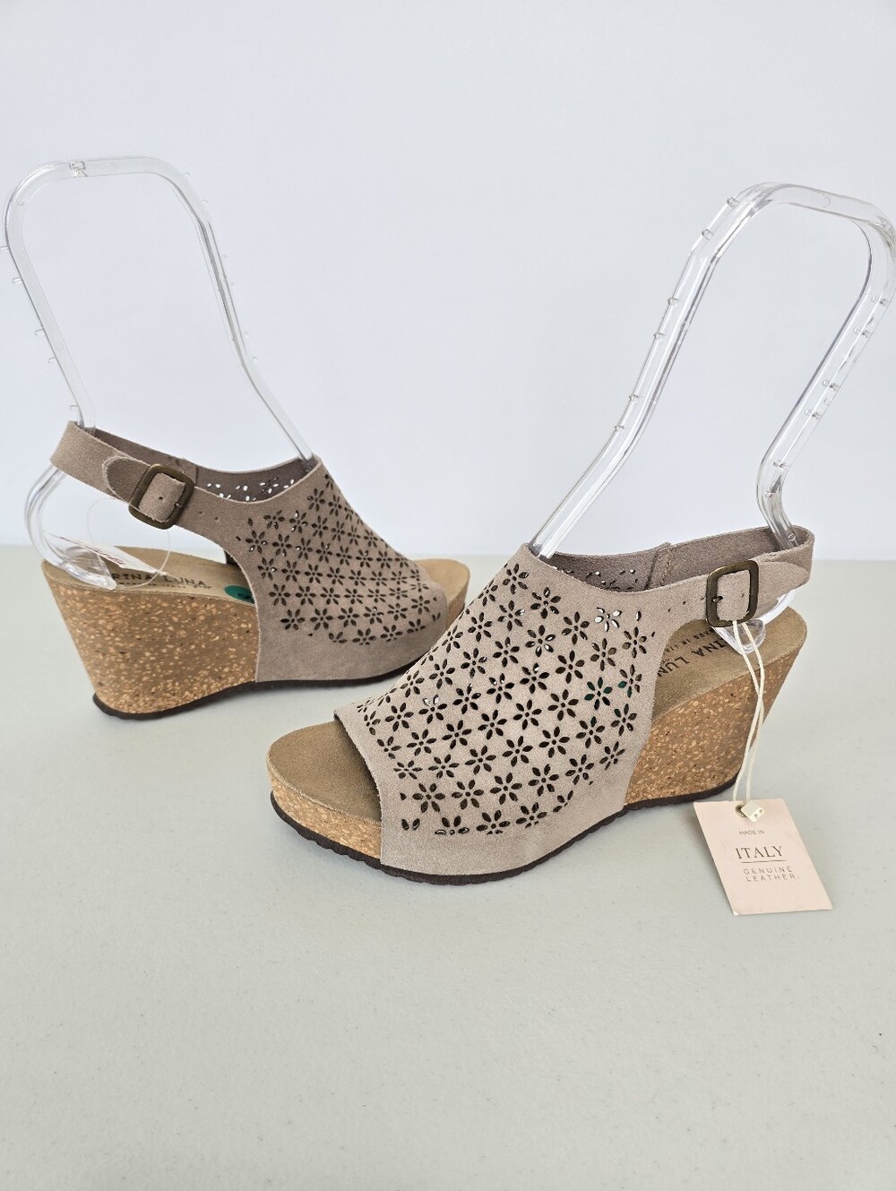 Marina Luna Made in Italy Suede Cork Wedge Heel Comfort Sandals Size 8 NWT